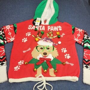 Planet Heart NWT Santa Paws Ugly Christmas Sweater Hoodie Red Dog Jingle Bells M